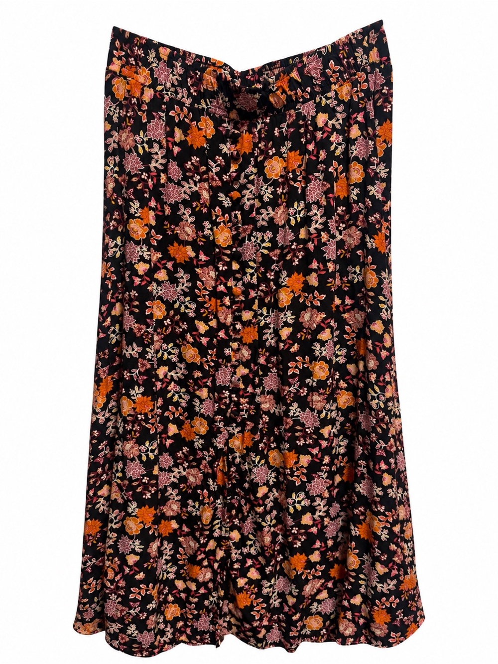 LOFT Black Floral Button Front Midi Skirt XS